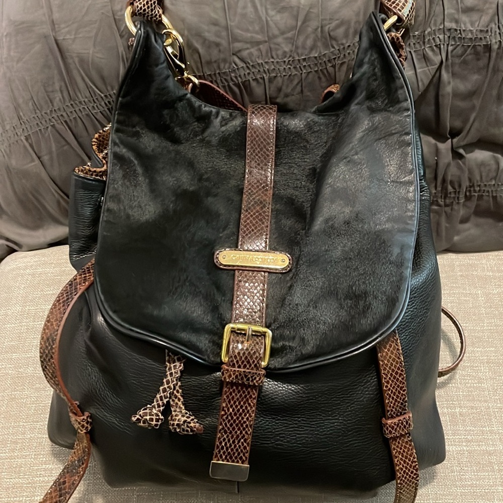 Cynthia Rowley Shoulder Bag Backpack Black Brown Textured Animal Hide Boho - Picture 2 of 14